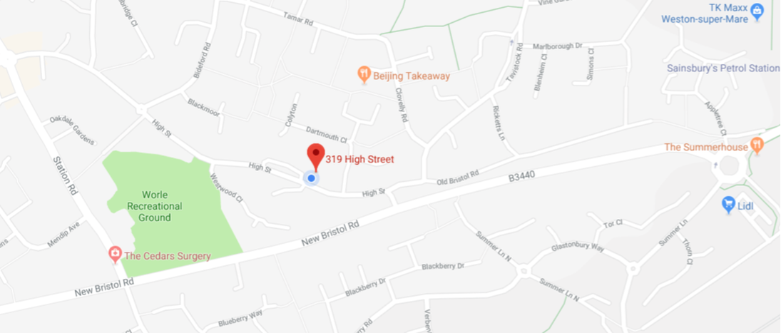 Map of counselling office at 319 High Street, Worle, Weston-Super-Mare, North Somerset, BS22 6JR.